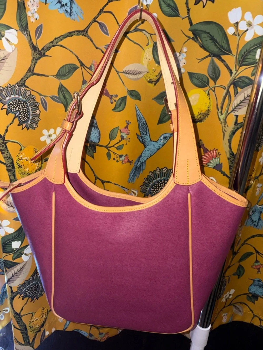 Dooney & Bourke Violet Maddie Saffiano Leather Tote with Tan Trim